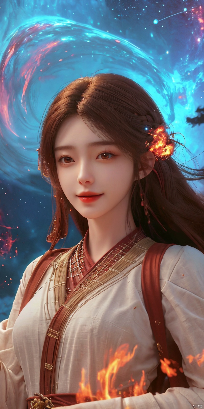  kind smile,looking_at_viewer,masterpiece, 1 girl, Look at me, Long hair, Flame, A magical scene, glowing, Floating hair, realistic, Nebula, An incredible picture, The magic array behind it, Stand, textured skin, super detail, best quality, , huolinger,dress, 1girl