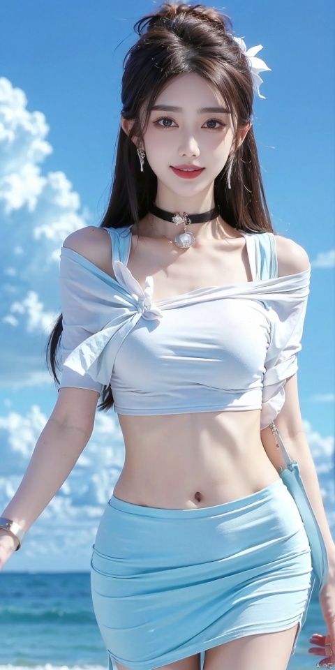  cowboy_shot,(Good structure), DSLR Quality,Short skirt,Blue sky, white clouds, ocean, nai3, 1girl, solo, crop top, , choker, navel, shirt, midriff, crop top overhang, looking at viewer, white shirt, jewelry, breasts, bare shoulders, off-shoulder shirt, off shoulder, black choker, thighs, stomach, long hair, bracelet, short sleeves, ribbon, hand up, collarbone, hair ribbon, medium breasts, , bra strap, , hair ornament, thigh gap, necklace, expressionless, , ,kind smile, , wanglin