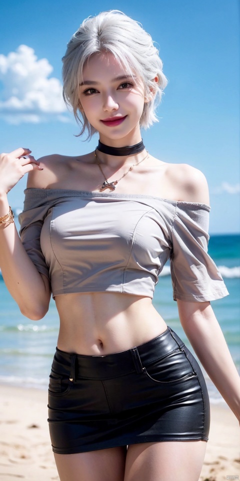 best quality, masterpiece, realistic,cowboy_shot,(Good structure), DSLR Quality,Depth of field,kind smile,looking_at_viewer,Dynamic pose, 
,Short skirt,Blue sky, white clouds, ocean, nai3, 1girl, solo, crop top, , choker, navel, shirt, midriff, crop top overhang, looking at viewer, white shirt, jewelry, breasts, bare shoulders, off-shoulder shirt, off shoulder, black choker, thighs, stomach, long hair, bracelet, short sleeves, ribbon, hand up, collarbone, hair ribbon, medium breasts, , bra strap, , hair ornament, thigh gap, necklace, expressionless, , ,kind smile, , , , ,jiuhuangnv,white_hair,short_hair