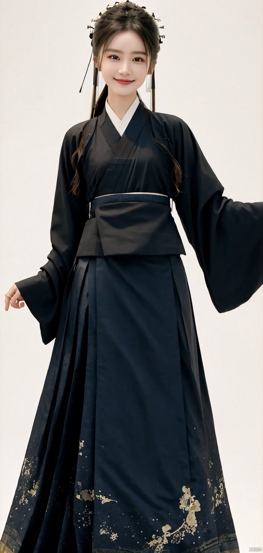 best quality, masterpiece, realistic,cowboy_shot,(Good structure), DSLR Quality,Depth of field,kind smile,looking_at_viewer,Dynamic pose, 
1girl,lianmo,chinese clothes,dress,skirt,long skirt, ,long sleeves,hanfu,hakama skirt,mamianqun,white shirt, black dress,black ,skirt