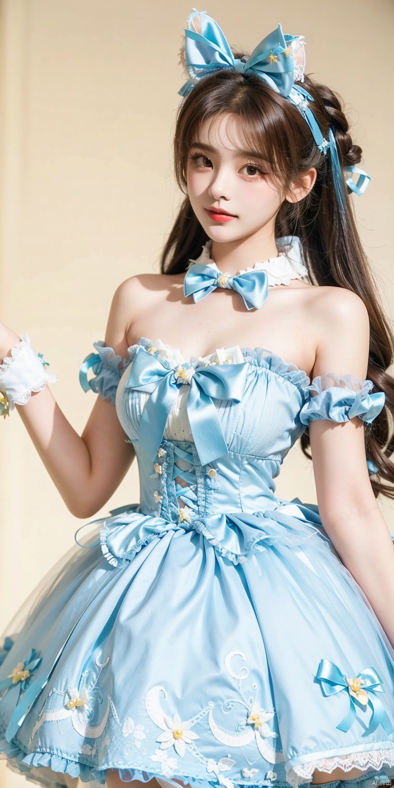  (Good structure), DSLR Quality,(wariza),,Girl, bare shoulders, blue hair, boobs, bow tie, brown eyes, cat ears, collar, ((Lolita Dress: 1.4)) , blue and white Lolita dress, wrinkled leg outfit, hand-held, lips, nose, shoulders, , alone, two-tailed, kind smile, looking at the audience, white leg costume, wrist cuffs, 1girl,,looking_at_viewer, , lolidress, ,,   yangchaoyue