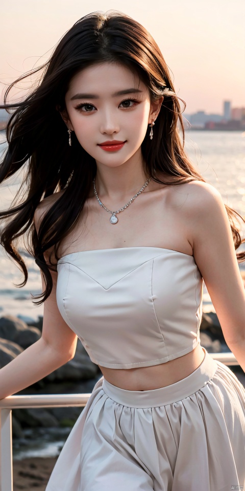  (Good structure),cowboy_shot, DSLR Quality,Depth of field ,looking_at_viewer,Dynamic pose, , kind smile,,
1girl, solo, long hair, , looking at viewer, skirt, hair ornament, bare shoulders, jewelry, , black hair, earrings, outdoors, midriff, water, necklace, lips, crop top, grey eyes, leaning forward, ocean, white skirt, strapless vest, sunset, sun, ,  liuyifei