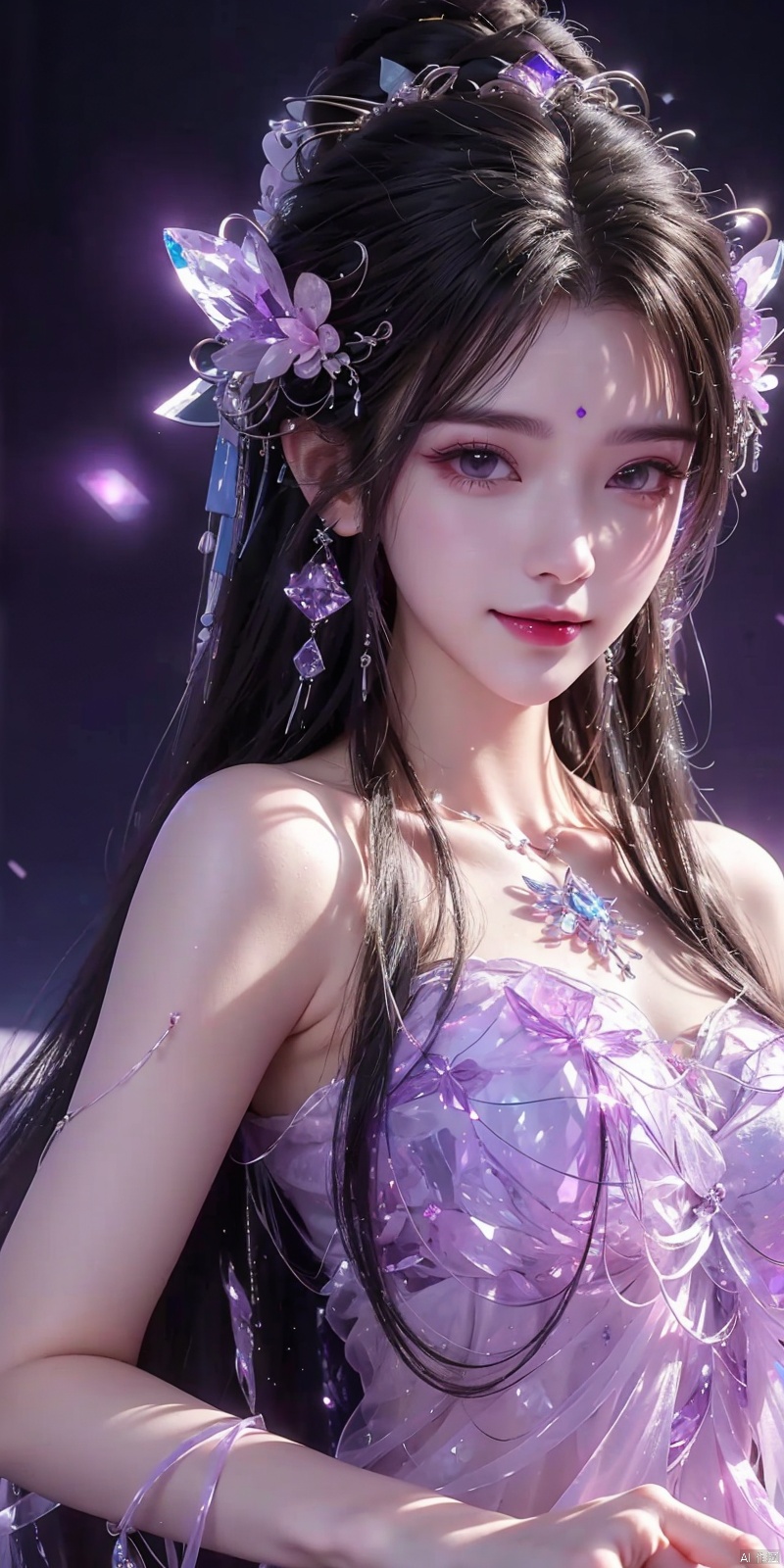  (Good structure),cowboy_shot, DSLR Quality,Depth of field ,looking_at_viewer,Dynamic pose, , kind smile,
1 girl,(Purple light effect),hair ornament,jewelry,looking at viewer, (\meng ze\), wangyushan, dofas,(ultra-detailed crystallization),transparent crystals, qingyi