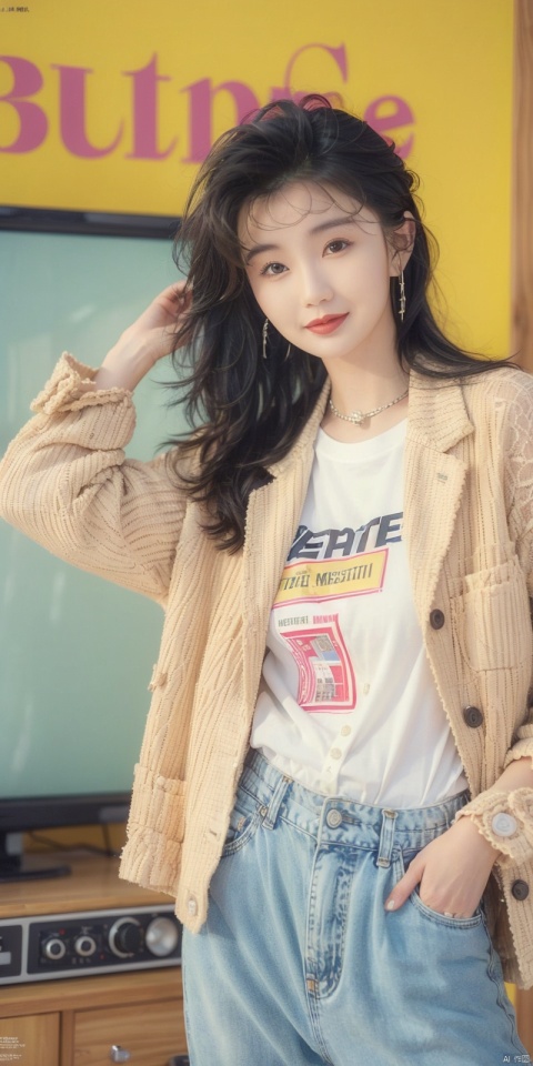  80sDBA style, fashion, (magazine: 1.3), (cover style: 1.3),Best quality, masterpiece, high-resolution, 4K, 1 girl, smile, exquisite makeup,shirt,jean,jacket , lace, tv,boombox
,, , ,long_hair , , manyu