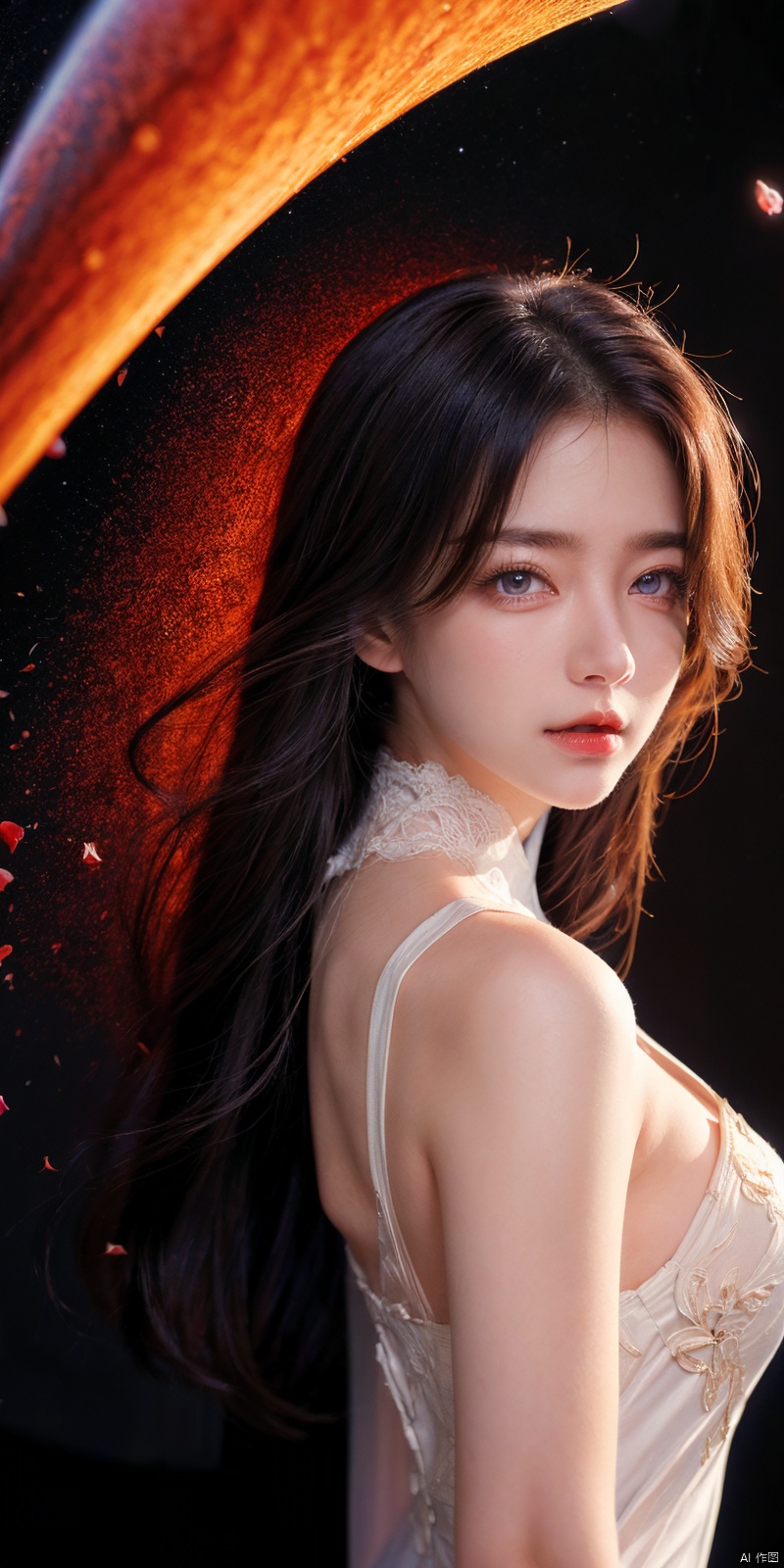  best quality, masterpiece, realistic,cowboy_shot,(Good structure), DSLR Quality,Depth of field,kind smile,looking_at_viewer,Dynamic pose, 1girl,
8k resolution, Masterpiece quality, High detail. from below,
Fantasy theme, cropped. {(1 girl:1.5),(close to viewer:1.8), ((looking at viewer:2), beautiful face, breasts), ((worm's eye shot:1.2)),perspective distortion}, (Panoramic view, fisheye lens effect:1.1). 
{(Strong backlighting, underexposure:1.4), (blocked shadows:0.8), depth of field(at 100mm focal length:1.2)}, (horizon:0.7), low key earth.
the starry sky feathering into the background, creating a sense of depth and gradient. Incorporating Droste Effect(an endless repetition and reflection:1.2). 
Surrounded by fluttering rose petals, reflected or casting dramatic shadows and highlights, {(meteor shower, planets:1.1), (Vermilion Comet:1.3)}. mesmerizing effect, a dreamlike ambiance of infinity. A vortex of rose petals, a starry sky vortex, , as, vortex, tyjf, , , yunxi,purple_hair