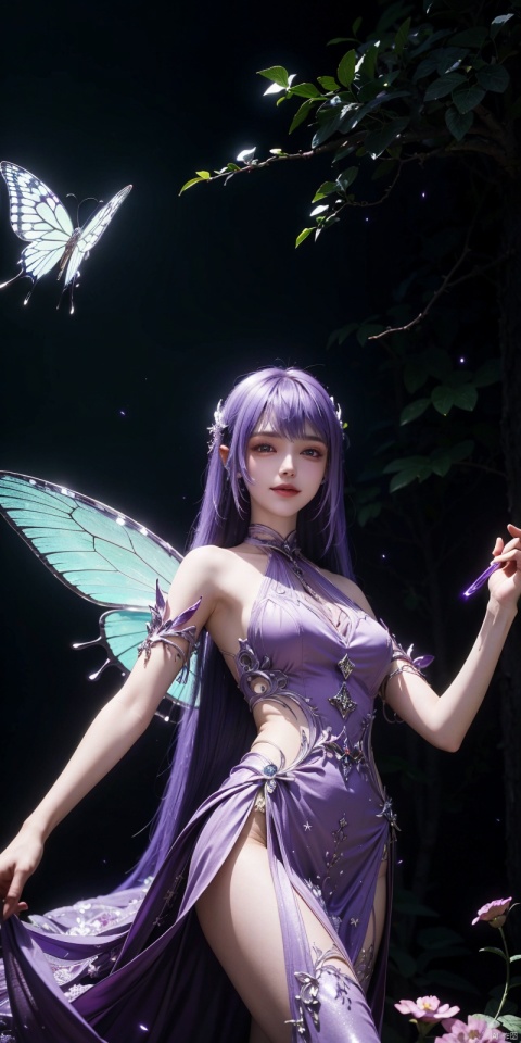 best quality, masterpiece, realistic,cowboy_shot,(Good structure), DSLR Quality,Depth of field,kind smile,looking_at_viewer,Dynamic pose, 
, professional camera, 8k photos, wallpaper 1 girl, solo,purple hair,ethereal fairy, floating on clouds, sparkling gown with iridescent butterfly wings, holding a magic wand, surrounded by dancing fireflies, twilight sky, full moon, mystical forest in the background, glowing mushrooms, enchanted flowers, softly illuminated by bioluminescence, serene expression, delicate features with pointed ears, flowing silver hair adorned with tiny stars, gentle breeze causing her dress and hair to flow ethereally, dreamlike atmosphere, surreal color palette, high dynamic range lighting, intricate details, otherworldly aesthetic.
, hand