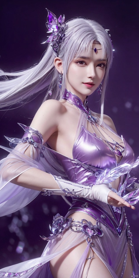  best quality, masterpiece, (Good structure),cowboy_shot, DSLR Quality,Depth of field ,looking_at_viewer,Dynamic pose, , kind smile,
1 girl,(Purple light effect),hair ornament,jewelry,looking at viewer, , dofas,(ultra-detailed crystallization),transparent crystals, , , , , ,, xiaoyixian,white hair