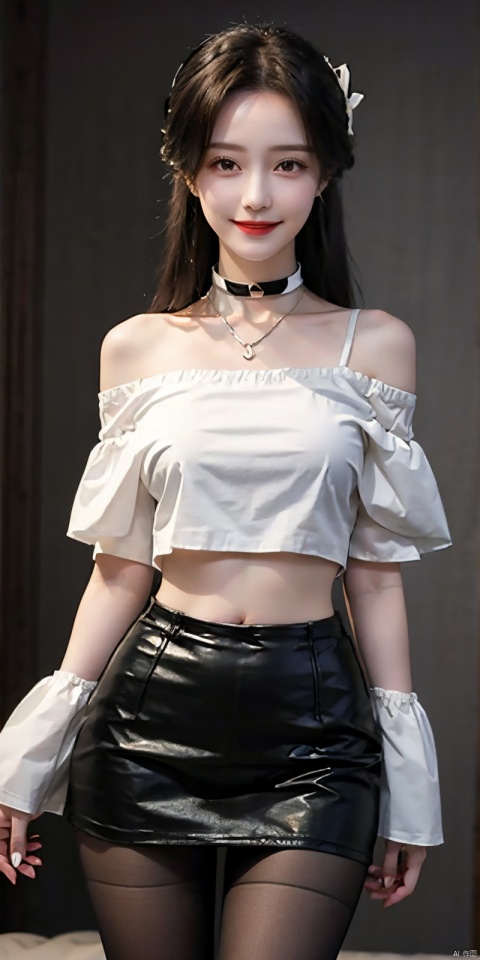  nai3, 1girl, solo, crop top, choker, miniskirt , navel, shirt, midriff, crop top overhang, looking at viewer, white shirt, jewelry, breasts, cowboy shot, bare shoulders, off-shoulder shirt, off shoulder, black choker, thighs, stomach, hand on own thigh, long hair, bracelet, short sleeves, ribbon, hand up, collarbone, hair ribbon, medium breasts, standing, , , bra strap, kind smile, hair ornament, thigh gap, bangs, necklace, expressionless,,kind smile , , blackpantyhose, , Dynamic pose,, liushen