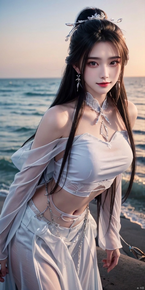  (Good structure),cowboy_shot, DSLR Quality,Depth of field ,looking_at_viewer,Dynamic pose, , kind smile,,
1girl, solo, long hair, , looking at viewer, skirt, hair ornament, bare shoulders, jewelry, , black hair, earrings, outdoors, midriff, water, necklace, lips, crop top, grey eyes, leaning forward, ocean, white skirt, strapless vest, sunset, sun, , luxueqi