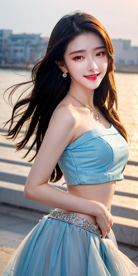  best quality, masterpiece, realistic,cowboy_shot,(Good structure), DSLR Quality,Depth of field,kind smile,looking_at_viewer,Dynamic pose, 
1girl, solo, long hair, , looking at viewer, skirt, hair ornament, bare shoulders, jewelry, , black hair, earrings, outdoors, midriff, water, necklace, lips, crop top, grey eyes, leaning forward, ocean, white skirt, strapless vest, sunset, sun, ,  , dress,blue dress, tianhu