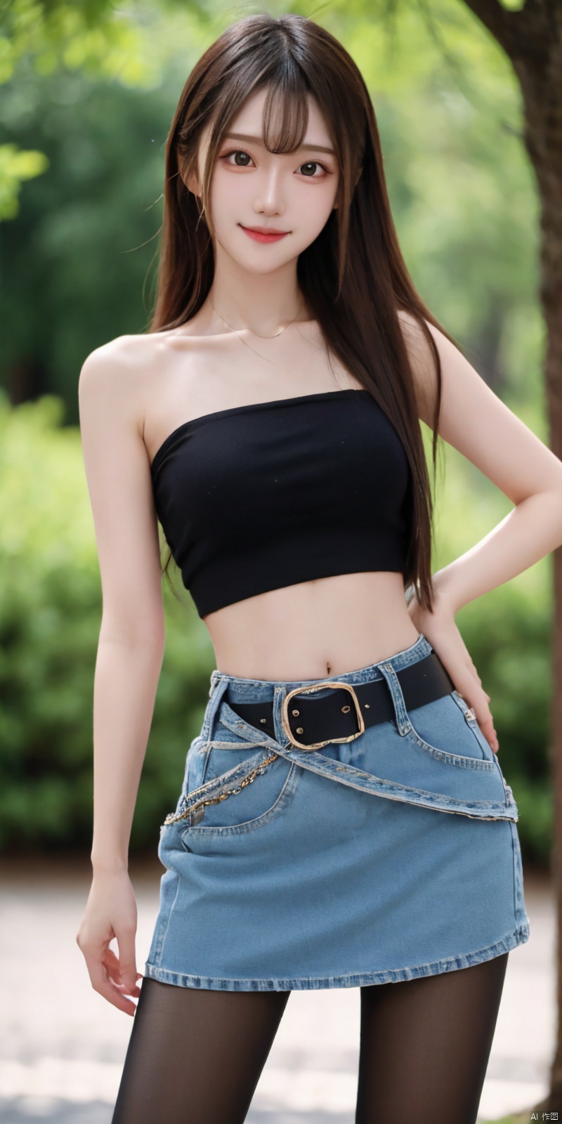  best quality, masterpiece, cowboy_shot,(Good structure), DSLR Quality,Depth of field,kind smile,looking_at_viewer,Dynamic pose,
 1girl, 3d, bare_shoulders, belt, blurry, blurry_background, blurry_foreground, branch, , , , collarbone, cosplay_photo, denim, denim_skirt, depth_of_field, , lips, long_hair, looking_at_viewer, midriff, miniskirt, motion_blur, navel, outdoors, photo_\(medium\), realistic, skirt, solo, standing, tree, , , , blackpantyhose, , , , , futuaner