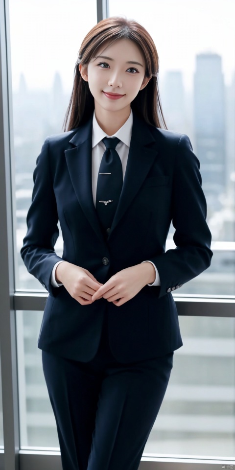 best quality, masterpiece, cowboy_shot,(Good structure), DSLR Quality,Depth of field,kind smile,looking_at_viewer,Dynamic pose, 
Modern businesswoman, dressed in a sleek suit and tie, posing confidently in a modern office setting, cityscape view through the window, focused expression, powerful pose, professional attire, realistic lighting, sharp focus.,linzhilin,