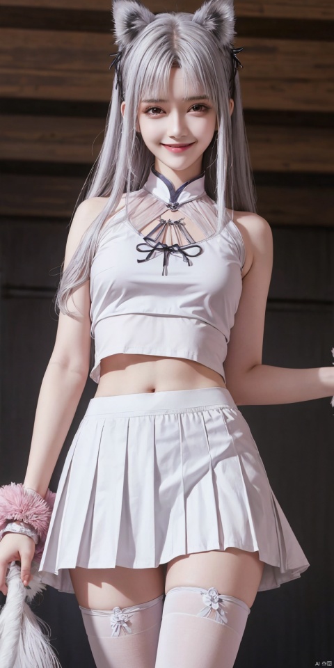 best quality, masterpiece, realistic,cowboy_shot,(Good structure), DSLR Quality,Depth of field,kind smile,looking_at_viewer,Dynamic pose, 
1girl, solo, breasts, looking at viewer, blush,   skirt,  shirt, thighhighs, navel, holding, animal ears, bare shoulders, underwear, standing, panties, tail, , white shirt, thighs,, pleated skirt, , sleeveless, midriff, black thighhighs, indoors, miniskirt, stomach, white panties, grin, crop top, animal ear fluff, bare arms, fox ears, sleeveless shirt, fox tail, halo, pantyshot, white skirt, fox girl, brown thighhighs, cheerleader, pom pom \(cheerleading\), crop top overhang, holding pom poms,   , xiaoyixian,white_hair, blackpantyhose