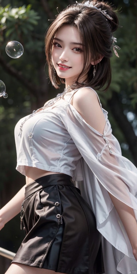  (Good structure),cowboy_shot, DSLR Quality,Depth of field ,looking_at_viewer,Dynamic pose, , kind smile,,
1girl, solo, breasts, looking at viewer, short hair, skirt, brown hair, bare shoulders, brown eyes, jewelry, standing, short sleeves, cowboy shot, parted lips, midriff, black skirt, necklace, from side, lips, crop top, bubble, luxueqi