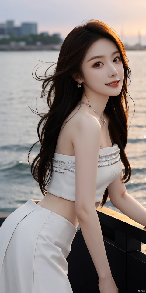  best quality, masterpiece, realistic,cowboy_shot,(Good structure), DSLR Quality,Depth of field,kind smile,looking_at_viewer,Dynamic pose, 
1girl, solo, long hair, , looking at viewer, skirt, hair ornament, bare shoulders, jewelry, , black hair, earrings, outdoors, midriff, water, necklace, lips, crop top, grey eyes, leaning forward, ocean, white skirt, strapless vest, sunset, sun, , , longni, dress