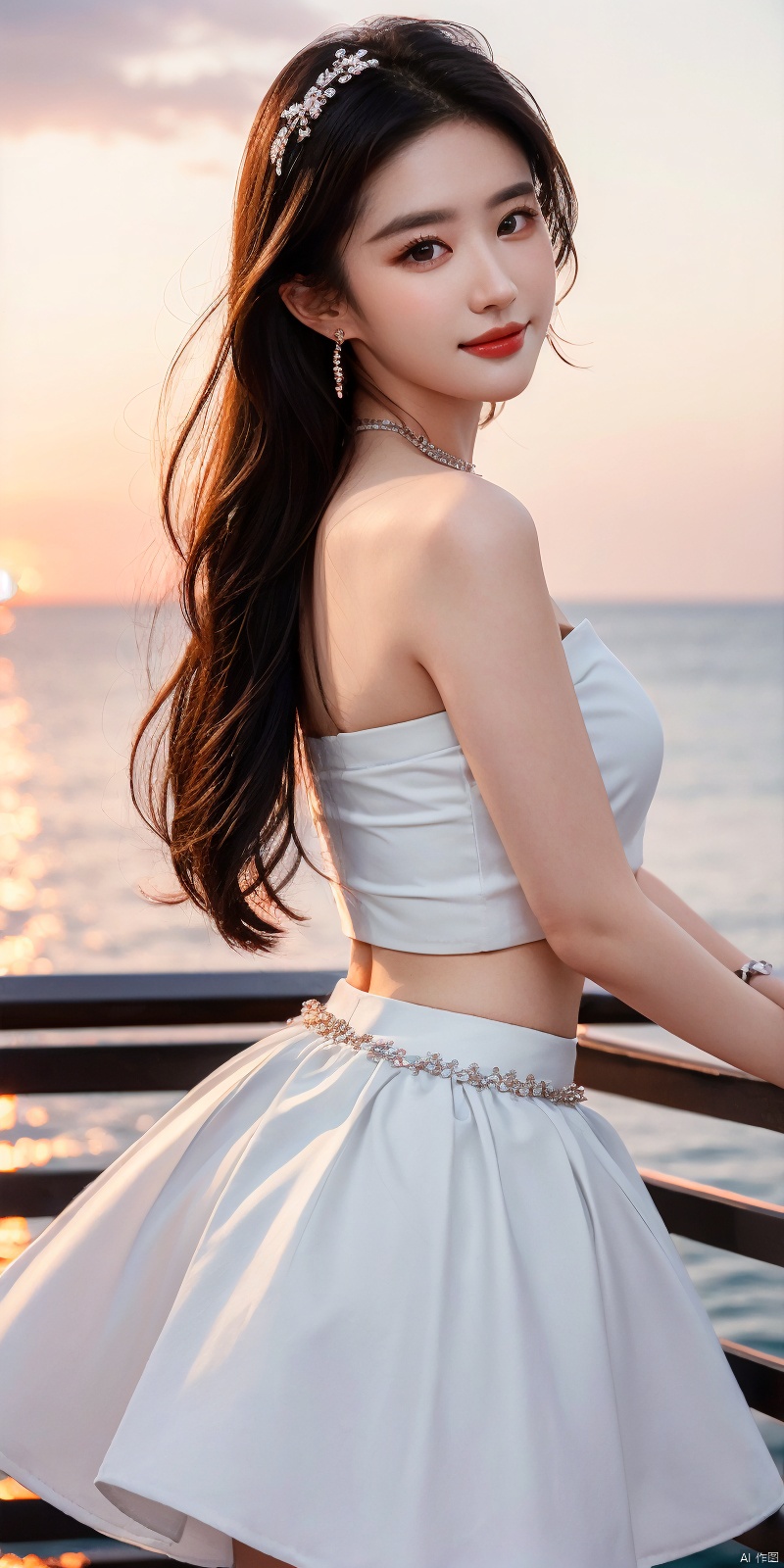  (Good structure),cowboy_shot, DSLR Quality,Depth of field ,looking_at_viewer,Dynamic pose, , kind smile,,
1girl, solo, long hair, , looking at viewer, skirt, hair ornament, bare shoulders, jewelry, , black hair, earrings, outdoors, midriff, water, necklace, lips, crop top, grey eyes, leaning forward, ocean, white skirt, strapless vest, sunset, sun, ,  liuyifei