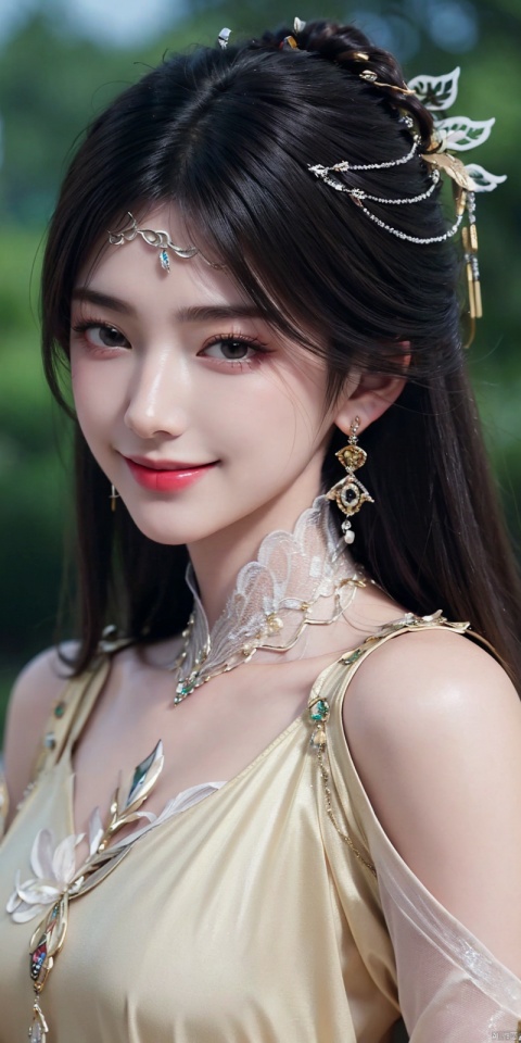 best quality, masterpiece, realistic,,(Good structure), DSLR Quality,Depth of field,kind smile,looking_at_viewer,Dynamic pose, 
jinpinger, 1girl, solo, earrings, jewelry, dress, upper body, hair ornament, black hair, white dress, long hair, blurry background, looking at viewer, smile