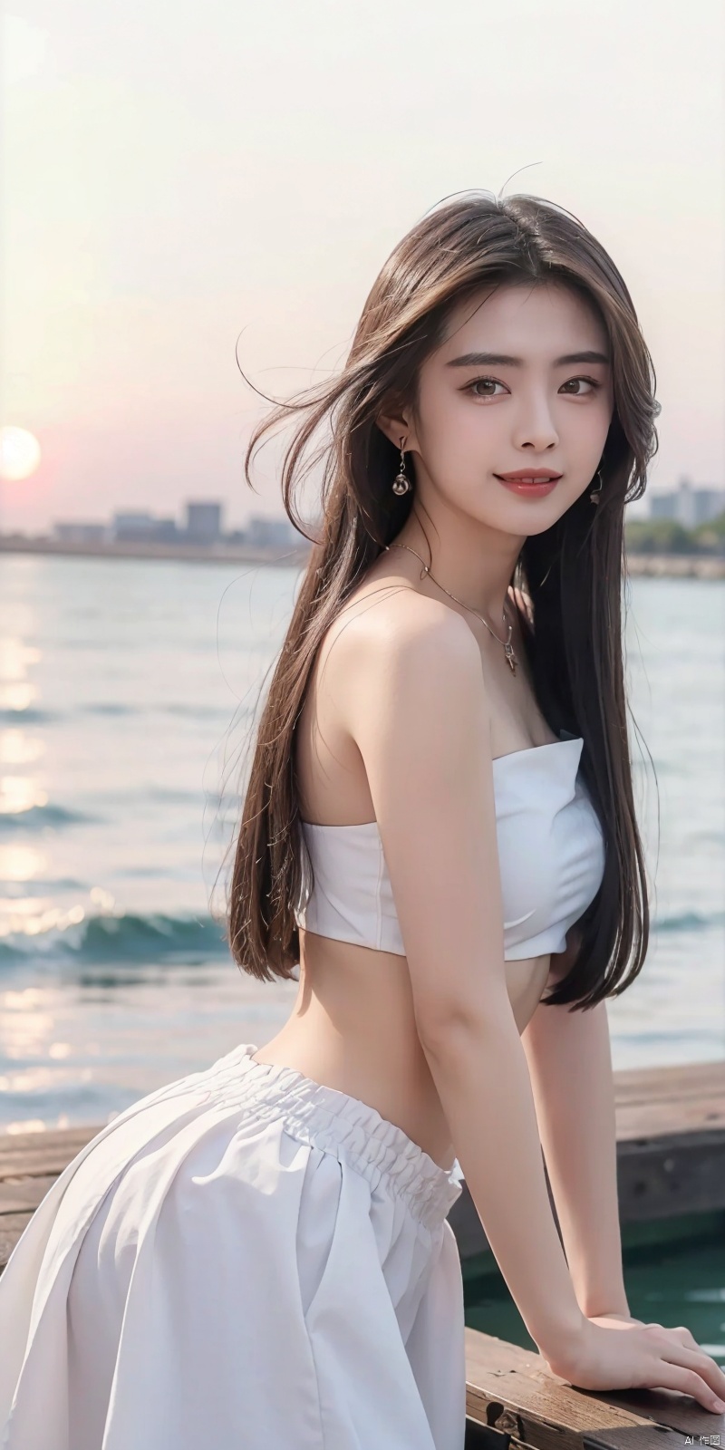  (Good structure),cowboy_shot, DSLR Quality,Depth of field ,looking_at_viewer,Dynamic pose, , kind smile,,
1girl, solo, long hair, , looking at viewer, skirt, hair ornament, bare shoulders, jewelry, , black hair, earrings, outdoors, midriff, water, necklace, lips, crop top, grey eyes, leaning forward, ocean, white skirt, strapless vest, sunset, sun, wangzuxian, molika