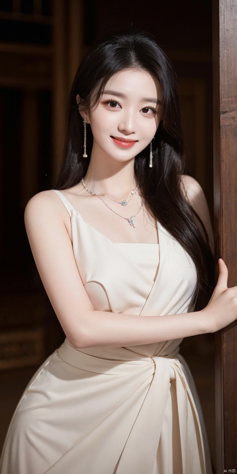 best quality, masterpiece, realistic,cowboy_shot,(Good structure), DSLR Quality,Depth of field,kind smile,looking_at_viewer,Dynamic pose,  pose for picture, 
wangchuran, 1girl, jewelry, solo, black hair, realistic, necklace, long hair, earrings, 