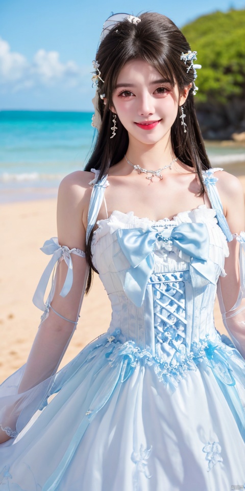  (Good structure), DSLR Quality,Depth of field,kind smile,looking_at_viewer,Dynamic pose, ,(wariza),,Girl, bare shoulders, , boobs, bow tie ,black eyes, collar, Blue sky, white clouds, beaches, seawater, crystal stones,((Lolita Dress: 1.4)) , blue and white Lolita dress, wrinkled leg outfit, hand-held, lips, nose, shoulders, , alone, long_hair, kind smile, looking at the audience, white leg costume, wrist cuffs, 1girl,,looking_at_viewer, , lolidress, qingyi
