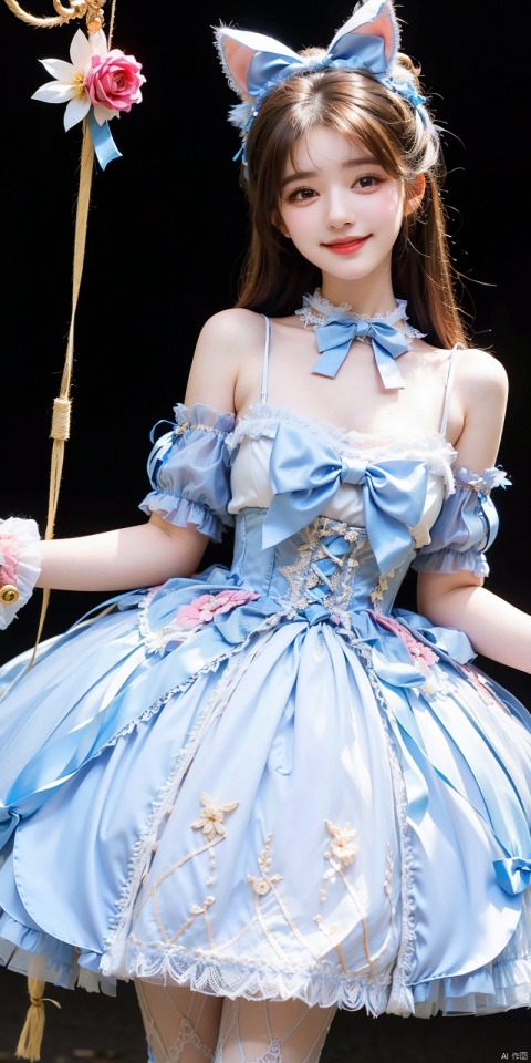  (Good structure), DSLR Quality,Depth of field,kind smile,looking_at_viewer,Dynamic pose, ,(wariza),,Girl, bare shoulders, , boobs, bow tie, ,purple eyes, cat ears, collar, ((Lolita Dress: 1.4)) , blue and white Lolita dress, wrinkled leg outfit, hand-held, lips, nose, shoulders, , alone, long_hair, kind smile, looking at the audience, white leg costume, wrist cuffs, 1girl,,looking_at_viewer, , lolidress , zhaosilu