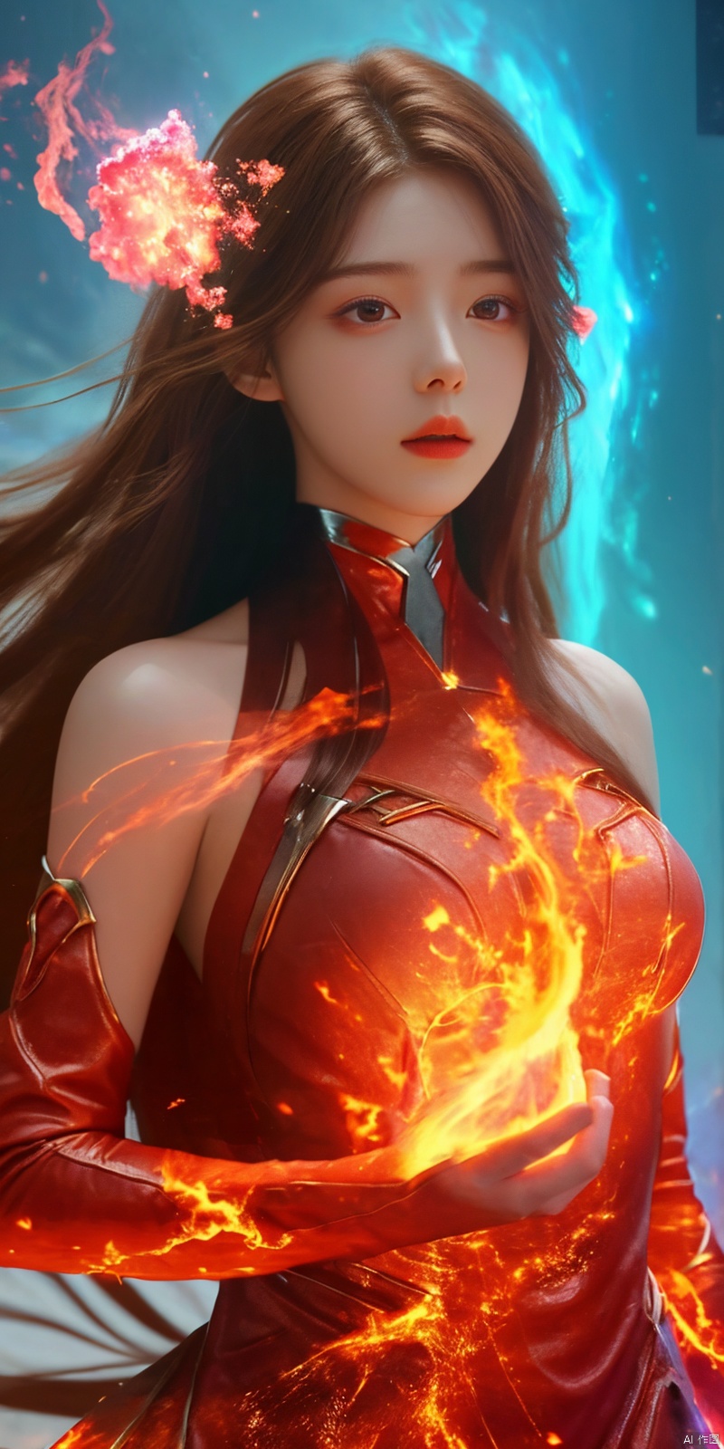  looking_at_viewer,masterpiece, 1 girl, Look at me, Long hair, Flame, A magical scene, glowing, Floating hair, realistic, Nebula, An incredible picture, The magic array behind it, Stand, textured skin, super detail, best quality, , huolinger,dress, 1girl
