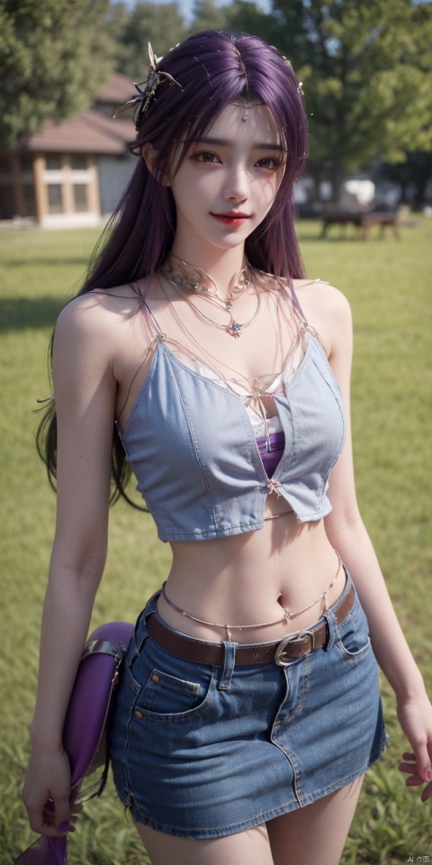  best quality, masterpiece, cowboy_shot,(Good structure), DSLR Quality,Depth of field,kind smile,looking_at_viewer,Dynamic pose,
 1girl, 3d, bare_shoulders, belt, blurry, blurry_background, blurry_foreground, branch, , , , collarbone, cosplay_photo, denim, denim_skirt, depth_of_field, , lips, long_hair, looking_at_viewer, midriff, miniskirt, motion_blur, navel, outdoors, photo_\(medium\), realistic, skirt, solo, standing, tree, , , , yunxi,purple_hair