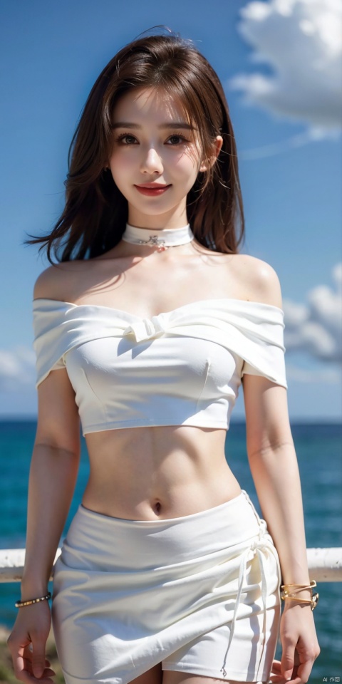  cowboy_shot,(Good structure), DSLR Quality,Short skirt,Blue sky, white clouds, ocean, nai3, 1girl, solo, crop top, , choker, navel, shirt, midriff, crop top overhang, looking at viewer, white shirt, jewelry, breasts, bare shoulders, off-shoulder shirt, off shoulder, black choker, thighs, stomach, long hair, bracelet, short sleeves, ribbon, hand up, collarbone, hair ribbon, medium breasts, , bra strap, , hair ornament, thigh gap, necklace, expressionless, , ,kind smile,liushi