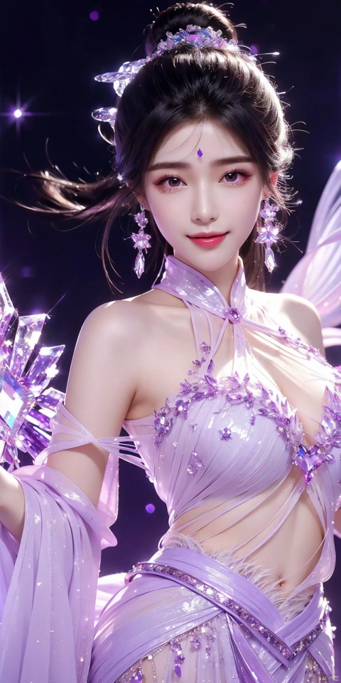  (Good structure),cowboy_shot, DSLR Quality,Depth of field ,looking_at_viewer,Dynamic pose, , kind smile,
1 girl,(Purple light effect),hair ornament,jewelry,looking at viewer, (\meng ze\), wangyushan, dofas,(ultra-detailed crystallization),transparent crystals, , , yuechan