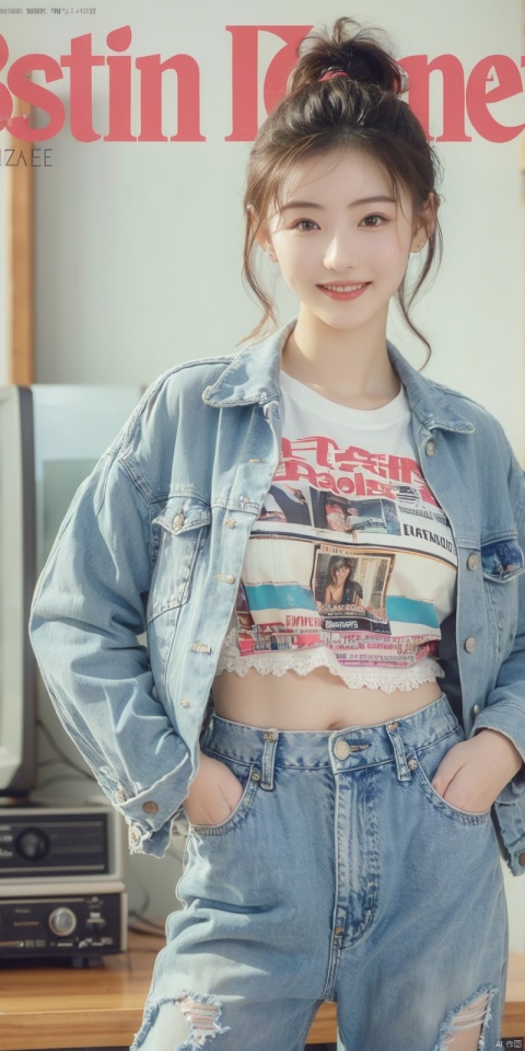  80sDBA style, fashion, (magazine: 1.3), (cover style: 1.3),Best quality, masterpiece, high-resolution, 4K, 1 girl, smile, exquisite makeup,shirt,jean,jacket , lace, tv,boombox
,, , ,  , yunv