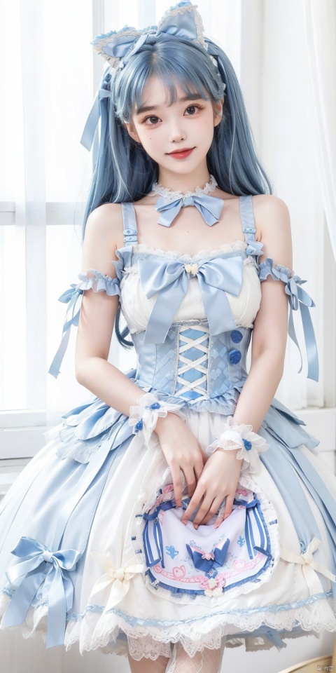  (Good structure), DSLR Quality,,,Girl, bare shoulders, blue hair, boobs, bow tie, brown eyes, cat ears, collar, ((Lolita Dress: 1.4)) , blue and white Lolita dress, wrinkled leg outfit, hand-held, lips, nose, shoulders, , alone, two-tailed, kind smile, looking at the audience, white leg costume, wrist cuffs, 1girl,,looking_at_viewer, lolidress, , lizhien