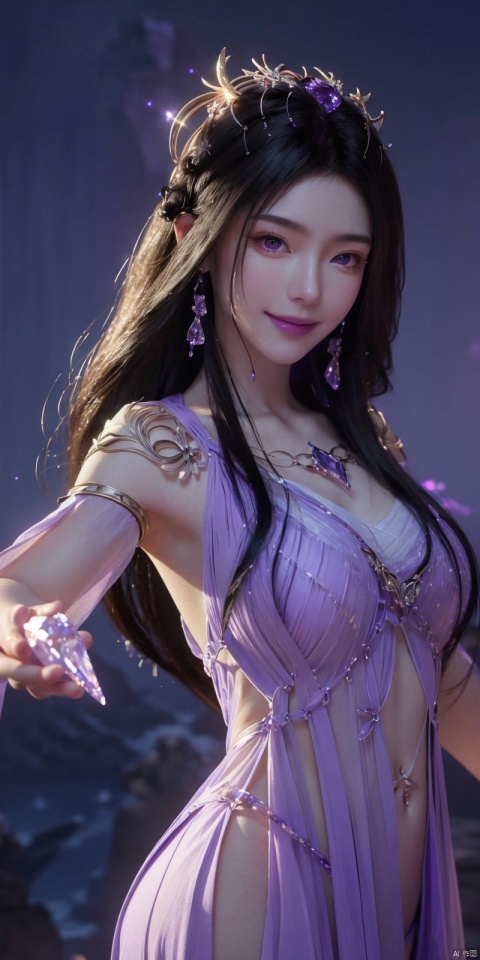  best quality, masterpiece, (Good structure),cowboy_shot, DSLR Quality,Depth of field ,looking_at_viewer,Dynamic pose, , kind smile,
1 girl,(Purple light effect),hair ornament,jewelry,looking at viewer, , dofas,(ultra-detailed crystallization),transparent crystals, , , ,, ziling, 