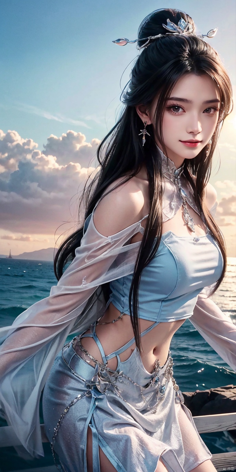  (Good structure),cowboy_shot, DSLR Quality,Depth of field ,looking_at_viewer,Dynamic pose, , kind smile,,
1girl, solo, long hair, , looking at viewer, skirt, hair ornament, bare shoulders, jewelry, , black hair, earrings, outdoors, midriff, water, necklace, lips, crop top, grey eyes, leaning forward, ocean, white skirt, strapless vest, sunset, sun, , luxueqi