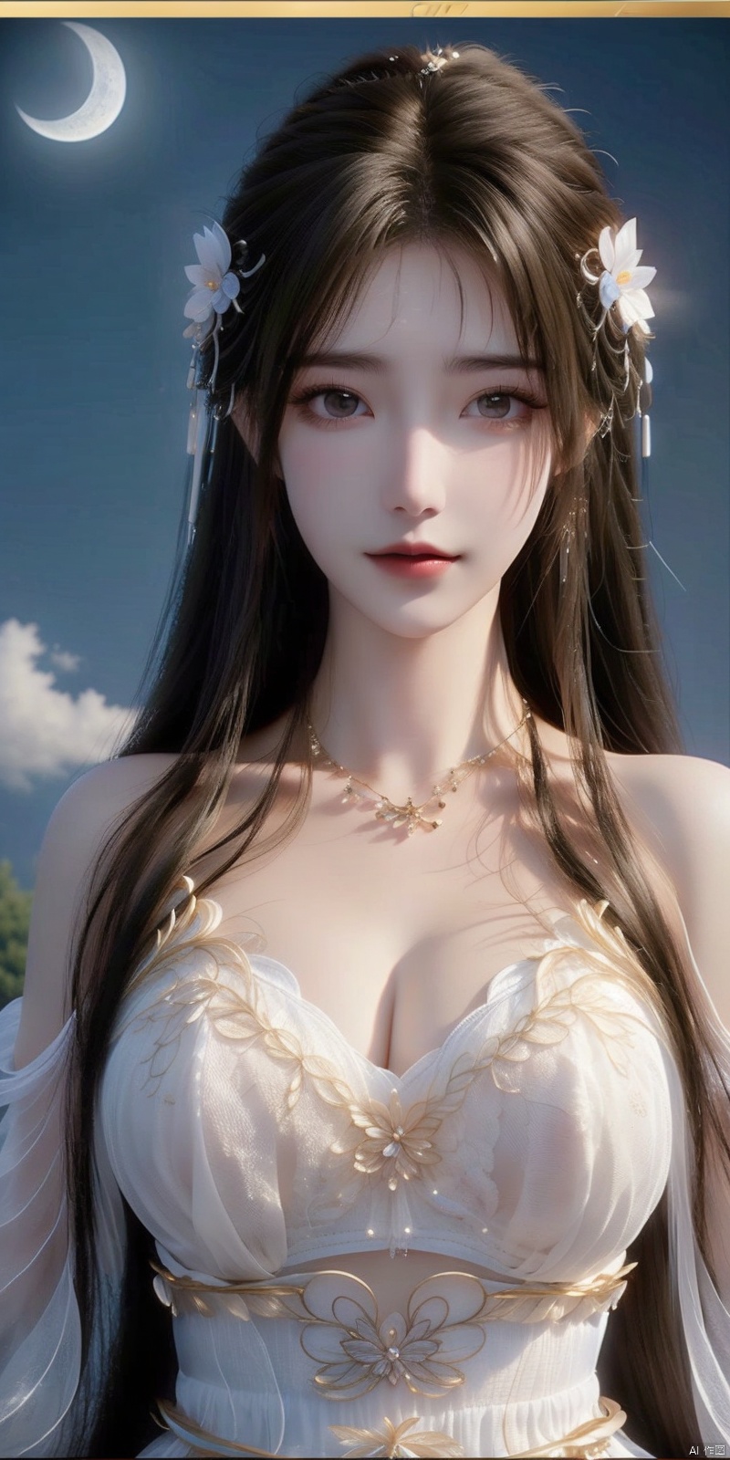  (Good structure),cowboy_shot,1girl, bare_shoulders, breasts, bug, butterfly, cleavage, cloud, crescent_moon, full_moon, hair_ornament, lips, long_hair, looking_at_viewer, medium_breasts, moon, moonlight, night, night_sky, red_lips, kneeling, sky, solo, star_\(sky\), starry_sky, sun,qingyi,,looking_at_viewer,kind smile, 