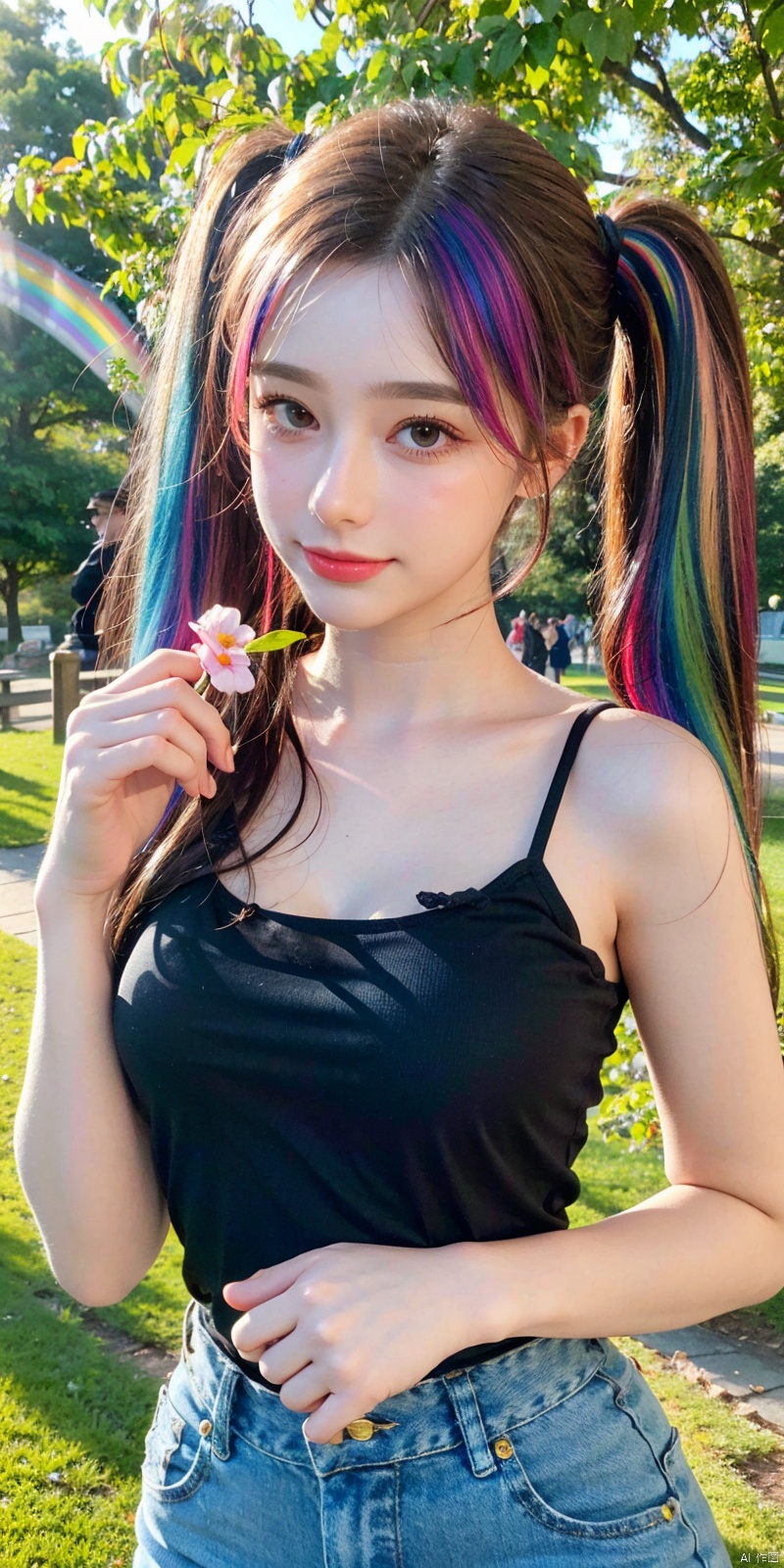  cowboy shot,(Good structure), DSLR Quality,Depth of field,kind smile,looking_at_viewer,Dynamic pose,、Butterfly Fairy、Metamorphosis、,（The gesture of presenting a bouquet、Holding a bouquet of flowers in your hands）、Morning park、、、 (8K, Photorealistic, Raw photo, Best Quality: 1.4), Beautiful face, (Realistic face), Beautiful detailed eyes, (Realistic skin), Attractive, Intricate details,Golden ratio, 1 girl,Naughty smile, (rainbow hair:1.4),((Long twintails,Ribbon 1.4)),,(Blue Butterfly Hair Ornament 1.3),
,Dynamic Pose,Dynamic Angle,Intricate details, Hyper realistic、Face enhancement、、Autumn Park、the morning sun、、rainbows, , ((poakl)), tasha,Short top, sleeveless, short skirt
, 1girl