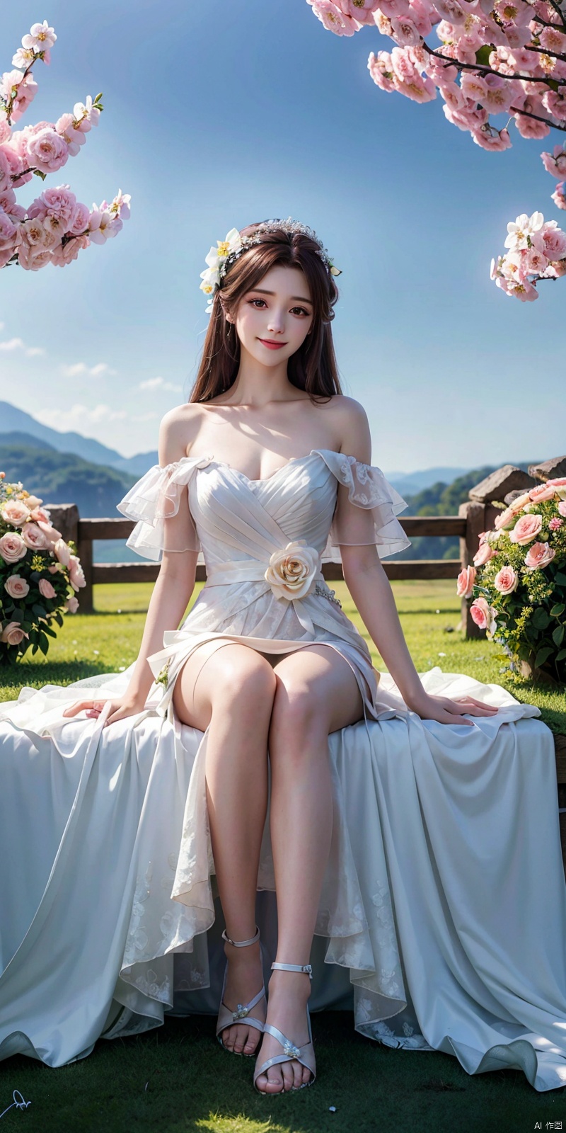  best quality, masterpiece, illustration, (reflection light), incredibly absurdres, ((Movie Poster), (signature:1.3), (English text), 1girl, girl middle of flower, pure sky,clear sky, outside, collarbone, sitting, absurdly long hair, clear boundaries of the cloth, white dress, fantastic scenery, ground of flowers, thousand of flowers, colorful flowers, flowers around her, various flowers,bare shoulders,skirt, sandals,,looking_at_viewer,kind smile, , yuechan, weddingdress