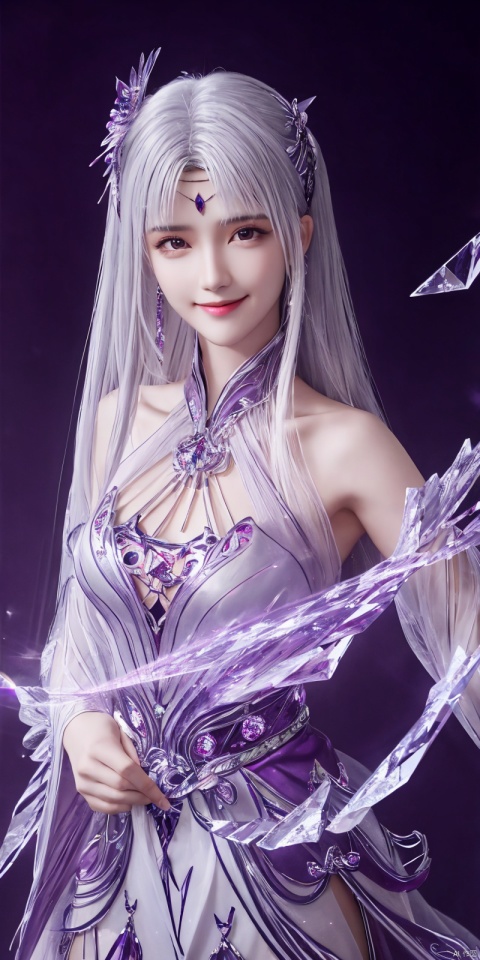  best quality, masterpiece, (Good structure),cowboy_shot, DSLR Quality,Depth of field ,looking_at_viewer,Dynamic pose, , kind smile,
1 girl,(Purple light effect),hair ornament,jewelry,looking at viewer, , dofas,(ultra-detailed crystallization),transparent crystals, , , , , ,, xiaoyixian,white hair