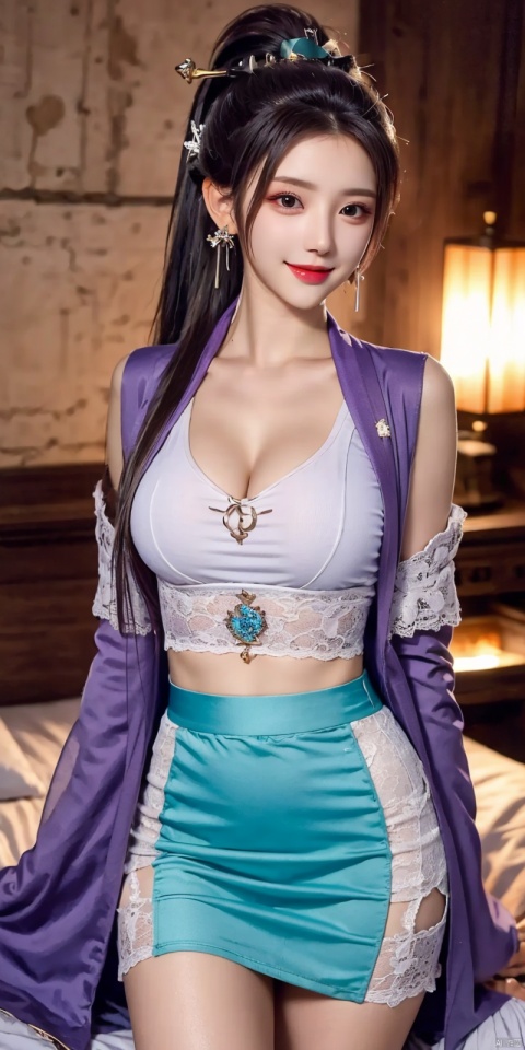  (Good structure), DSLR Quality, cowboy_shot, 1girl, Lace skirt, on Stomach, bed,aqua_earrings,chang,  ((poakl)),kind smile, hanyue, high ponytail, purple hair,