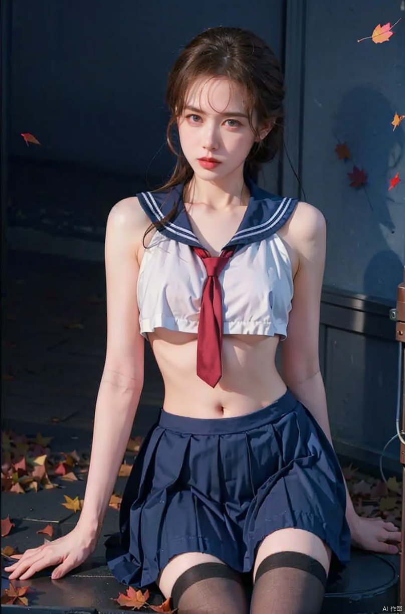  1girl, Autumn, fallen leaves, orange and red tone color,,
 pretty face, (photo realistic: 1.3) , Edge lighting, (high-detail skin) , 8K ultra-hd, DSLR, high quality, high resolution,(photo realistic: 1.3) 
,large breasts, (boobs naked:0.8), ,sailor senshi uniform,blue bow,blue necktie,blue sailor collar,blueskirt,black pantyhose, light master, Detail, , nike