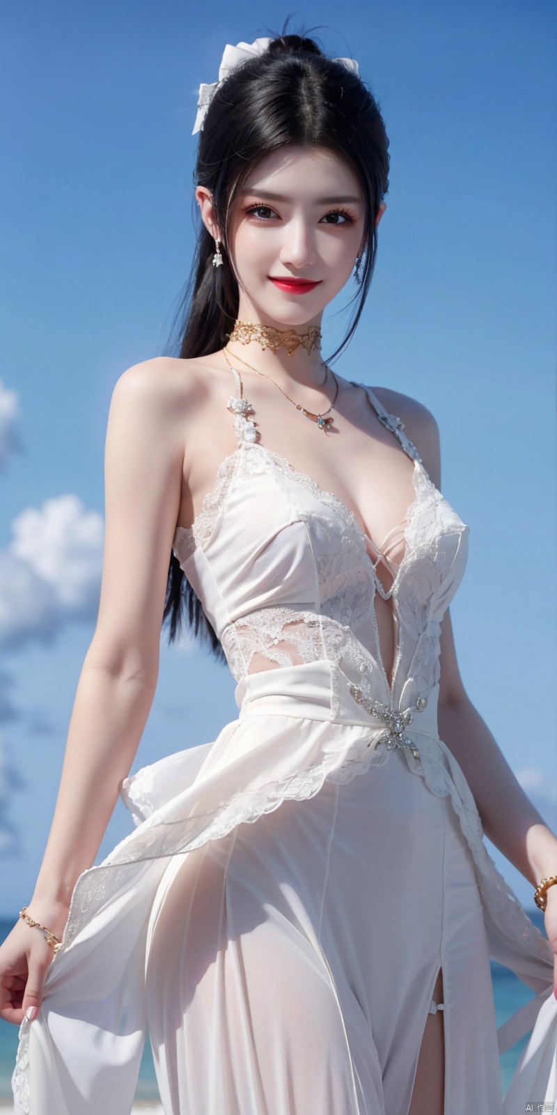  best quality, masterpiece, realistic, ,(Good structure), DSLR Quality,Depth of field,kind smile,looking_at_viewer,Dynamic pose, 
1girl, solo, long hair, breasts, looking at viewer, blush, , bangs, blue eyes,, dress, bow, , bare shoulders, jewelry, very long hair, collarbone, ponytail, white hair, hair bow, thighs, outdoors, sky, sleeveless, day, cloud, water, necklace, white dress, hair over one eye, bracelet, blue sky, blue bow, wading, pendant, doll, skirt hold, rainbow, anastasia \(fate\), , meidusha, weddingdress