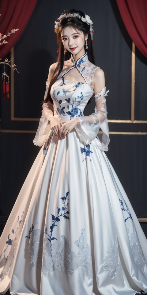  (Good structure), DSLR Quality,Depth of field ,looking_at_viewer,Dynamic pose, , kind smile,
 masterpiece, The best quality, 1girl, luxurious wedding dress, dreamy scene, white background, front viewer, looking at viewer, Flowers, romantic, Bride, Translucent white turban, UHD, 16k, , sparkling dress, , white stockings, , chinese dress,white dress,long hair,
chinese clothes,dress,white dress,floral print,china dress,blue dress,hanfu,long sleeves,print dress,robe,skirt,sleeveless dress,widesleeves, weddingdress, ,  , zhulin