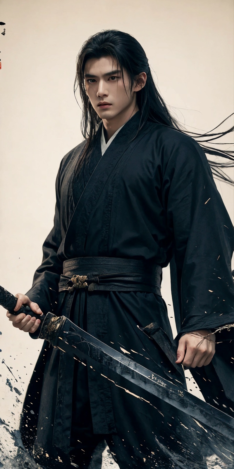  sdmai, wuxia, Chinese ink painting, artistic ink painting, Chinese martial arts films, wearing black robes, fighting posture, cinematic grandeur, splashing details, wild and powerful, solo, weapon, black hair, sword, long hair, male focus, looking at viewer, 1boy, scar, asuo, ((poakl))