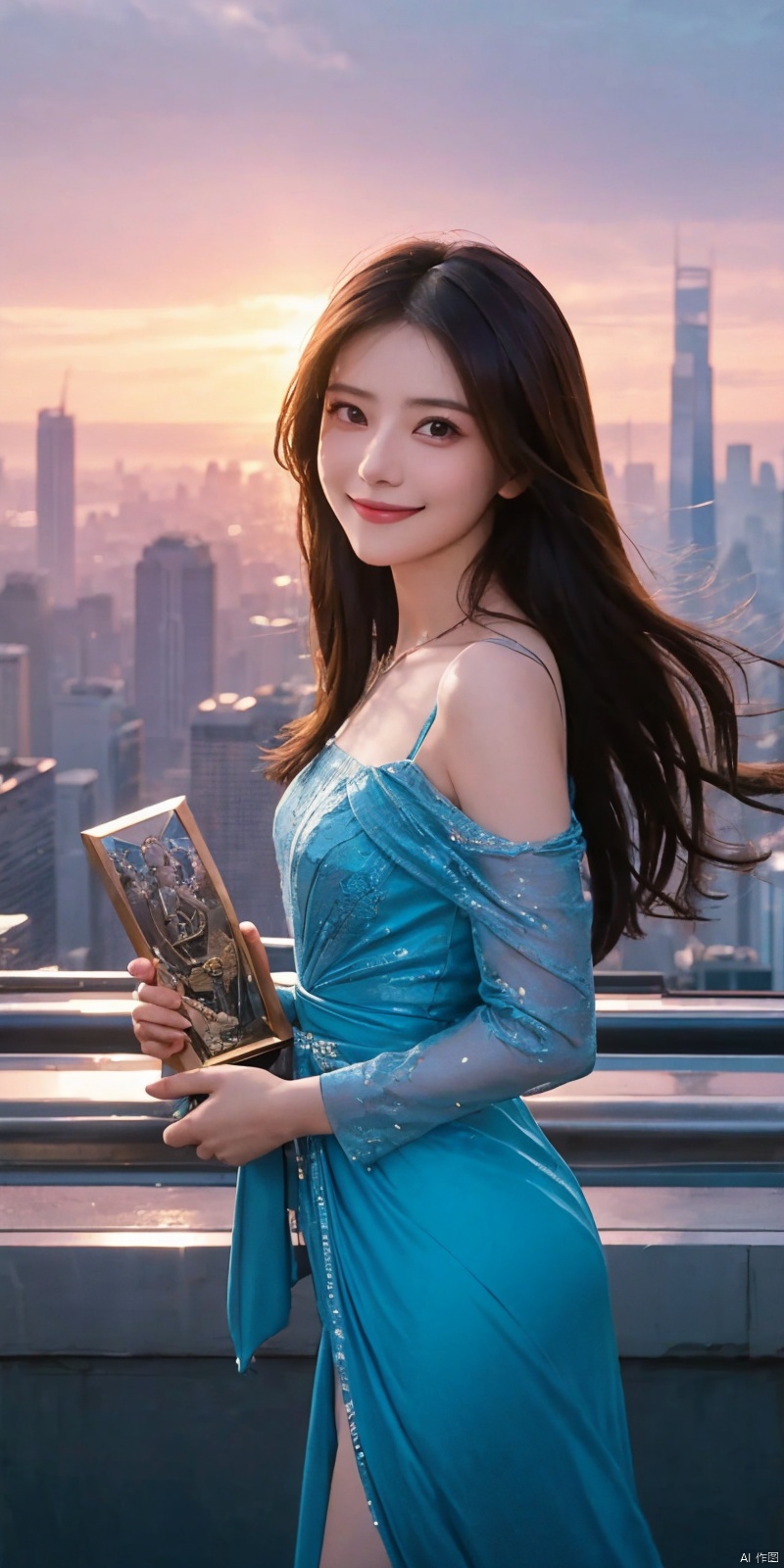  best quality, masterpiece, cowboy_shot,(Good structure), DSLR Quality,Depth of field,kind smile,looking_at_viewer,Dynamic pose, 
 （Front focus）,（in the darkness nigth：1.6）,Surrealist portraits ofwomenbyDavidHockneyandAlphonseMucha,Fantasyart,photographrealistic,动态照明,artstation,sportrait,daysies,depthoffields,独奏, 
（（tmasterpiece））Volumetriclighting,Very detailed faces,4 k,Award-Awarded, , 
,
neonpunk style Neon noir leogirl,hANMEIMEI,realistic photography,,On the rooftop of a towering skyscraper,a girl stands,facing the camera directly. Behind her,a multitude of skyscrapers stretches into the distance,creating a breathtaking urban panorama. It's the perfect dusk moment,with the evening sun casting a warm glow on the girl's face,intensifying the scene's impact. The photo captures a sense of awe,with the sharpness and realism making every detail vivid and clear,Hair fluttered in the wind,long hair,halterneck, . cyberpunk, vaporwave, neon, vibes, vibrant, stunningly beautiful, crisp, detailed, sleek, ultramodern, magenta highlights, dark purple shadows, high contrast, cinematic, ultra detailed, intricate, professional, ((poakl)), Light master,, ,, , dress,blue dress, 1girl,kind smile, , yuanyuan, wanglin, aimeibo