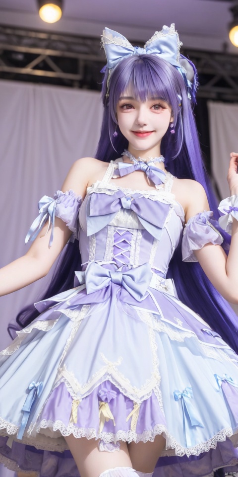  (Good structure), DSLR Quality,Depth of field,kind smile,looking_at_viewer,Dynamic pose, ,(wariza),,Girl, bare shoulders, blue hair, boobs, bow tie, brown eyes, cat ears, collar, ((Lolita Dress: 1.4)) , blue and white Lolita dress, wrinkled leg outfit, hand-held, lips, nose, shoulders, , alone, long_hair, kind smile, looking at the audience, white leg costume, wrist cuffs, 1girl,,looking_at_viewer, , lolidress, ,, ,purple hair, shengcaier