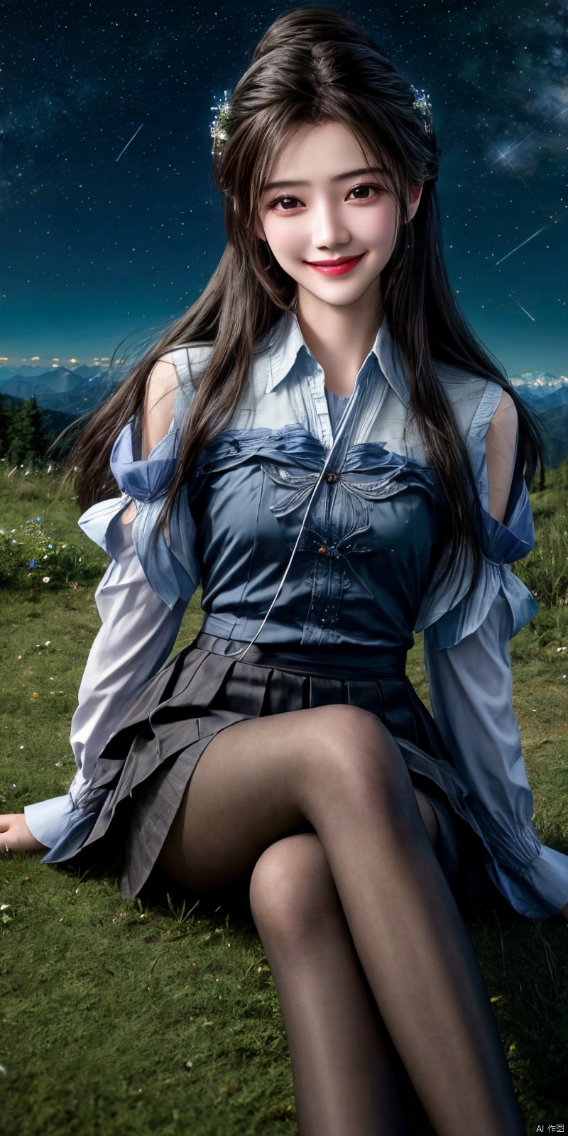  best quality, masterpiece, ,(Good structure), DSLR Quality,Depth of field,kind smile,looking_at_viewer,Dynamic pose, realistic ,
On the mountaintop, you can see the starry sky, and a beautiful girl is sitting on the grass. It is a masterpiece of a master, with stunning beauty, eye close-up, natural beauty, long legs, and short skirt, ,blackpantyhose,  , limuwan