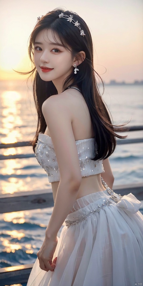  best quality, masterpiece, realistic,cowboy_shot,(Good structure), DSLR Quality,Depth of field,kind smile,looking_at_viewer,Dynamic pose, 
1girl, solo, long hair, , looking at viewer, skirt, hair ornament, bare shoulders, jewelry, , black hair, earrings, outdoors, midriff, water, necklace, lips, crop top, grey eyes, leaning forward, ocean, white skirt, strapless vest, sunset, sun, , , , weddingdress, zhaosilu