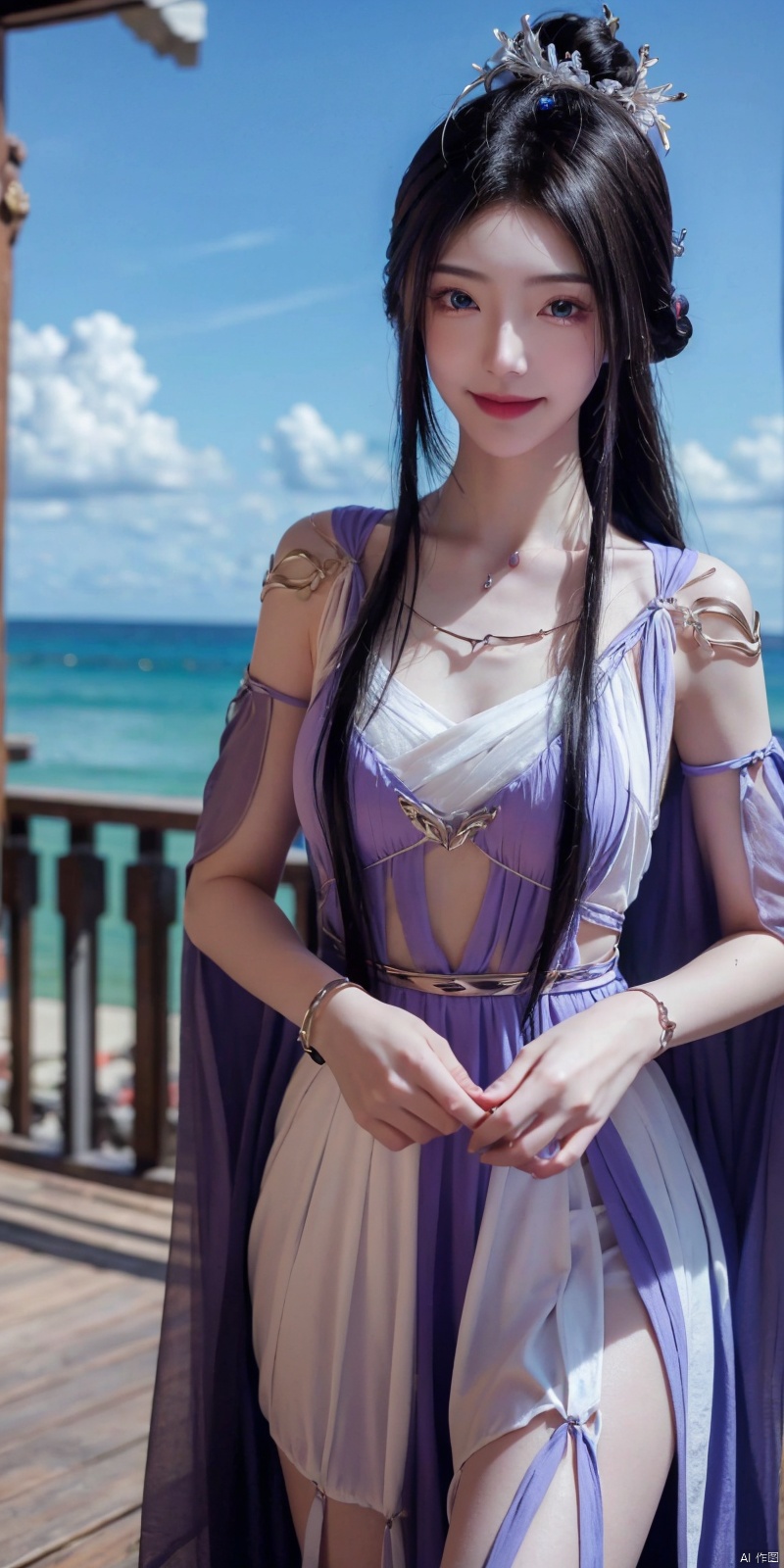  best quality, masterpiece, realistic, ,(Good structure), DSLR Quality,Depth of field,kind smile,looking_at_viewer,Dynamic pose, 
1girl, solo, long hair, breasts, looking at viewer, blush, , bangs, blue eyes,, dress, bow, , bare shoulders, jewelry, very long hair, collarbone, ponytail, white hair, hair bow, thighs, outdoors, sky, sleeveless, day, cloud, water, necklace, white dress, hair over one eye, bracelet, blue sky, blue bow, wading, pendant, doll, skirt hold, rainbow, anastasia \(fate\),
, ziling