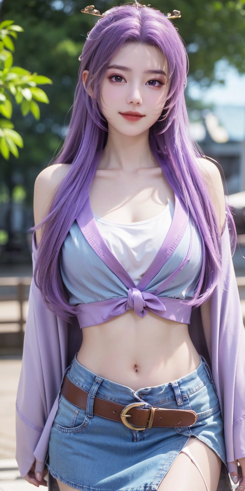  best quality, masterpiece, cowboy_shot,(Good structure), DSLR Quality,Depth of field,kind smile,looking_at_viewer,Dynamic pose,
 1girl, 3d, bare_shoulders, belt, blurry, blurry_background, blurry_foreground, branch, breasts, brown_eyes, brown_hair, collarbone, cosplay_photo, denim, denim_skirt, depth_of_field, hand_on_own_chest, lips, long_hair, looking_at_viewer, midriff, miniskirt, motion_blur, navel, outdoors, photo_\(medium\), realistic, skirt, solo, standing, tree, , yunxiao,purple_hair