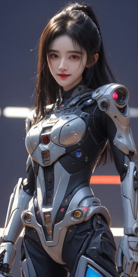  best quality, masterpiece, cowboy_shot,(Good structure), DSLR Quality,Depth of field,kind smile,looking_at_viewer,Dynamic pose, 
The TVGirl,mecha technology suit,standing,,37-point lens,weird style,cyberpunk style, XXE, jujingyi
