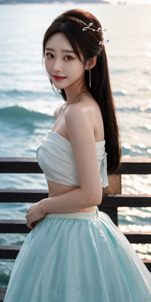  best quality, masterpiece, realistic,full_body,(Good structure), DSLR Quality,Depth of field,kind smile,looking_at_viewer,Dynamic pose, 
1girl, solo, long hair, , looking at viewer, skirt, hair ornament, bare shoulders, jewelry, , black hair, earrings, outdoors, midriff, water, necklace, lips, crop top, grey eyes, leaning forward, ocean, white skirt, strapless vest, sunset, sun, , , , weddingdress, , lichun
